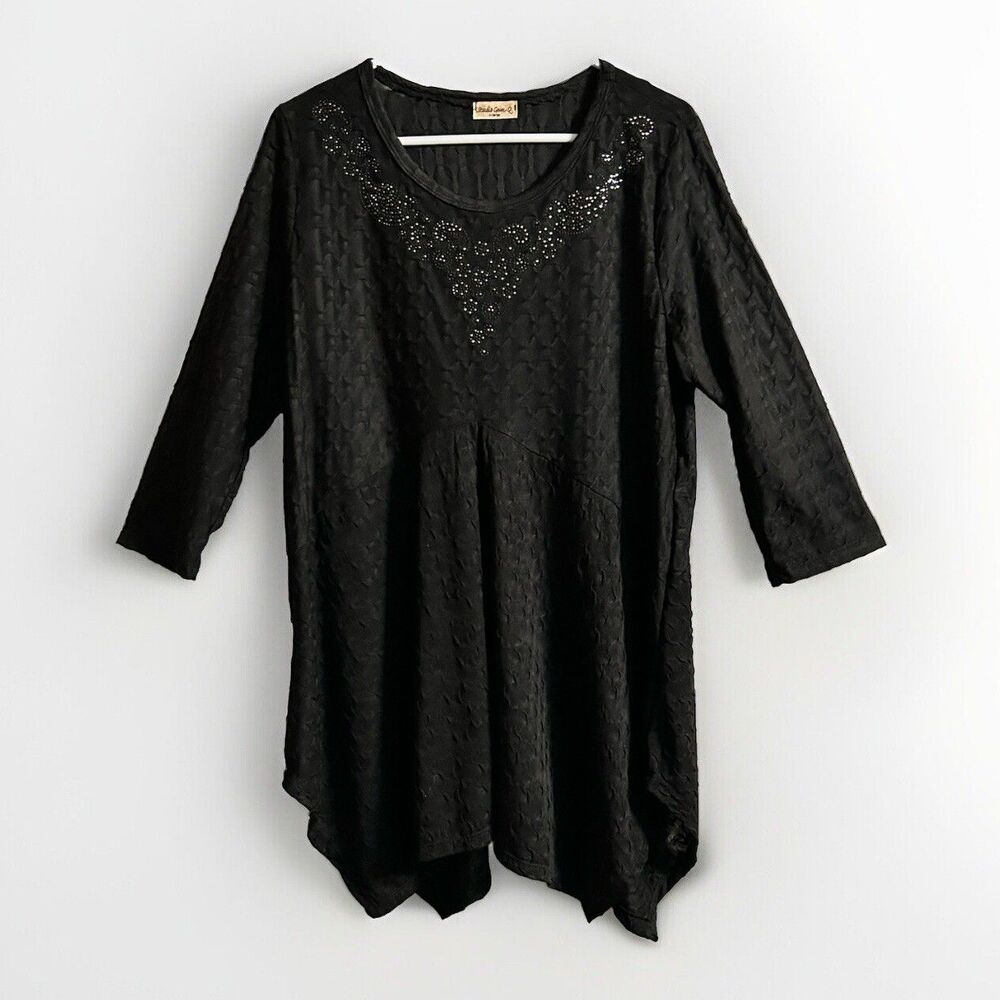 Studio Gem Q Black Tunic Top Asymmetrical Hem 3/4 Sleeve Women’s XL Vintage ￼